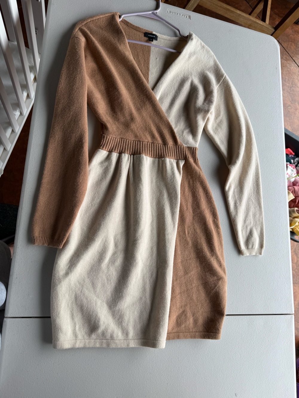 Express Two-Tone Brown and Cream Wrap Sweater Dress